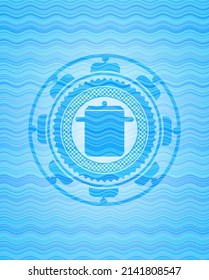 cooking pot icon inside light blue water emblem. 