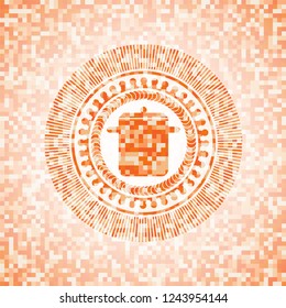cooking pot icon inside orange mosaic emblem with background
