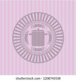 cooking pot icon inside pink emblem. Vintage.