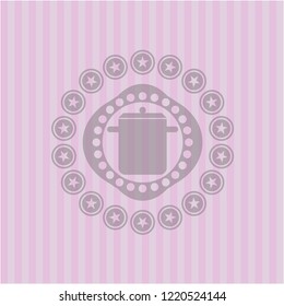 cooking pot icon inside pink emblem. Vintage.