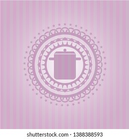cooking pot icon inside pink emblem. Retro