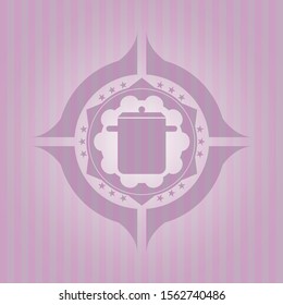 cooking pot icon inside pink emblem. Vintage.