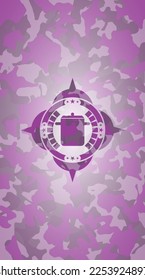 cooking pot icon inside pink and purple camouflaged emblem. 