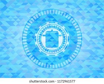 cooking pot icon inside realistic light blue emblem. Mosaic background