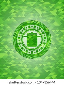 cooking pot icon inside realistic green emblem. Mosaic background