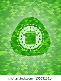 cooking pot icon inside realistic green emblem. Mosaic background