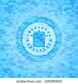 cooking pot icon inside realistic sky blue mosaic emblem