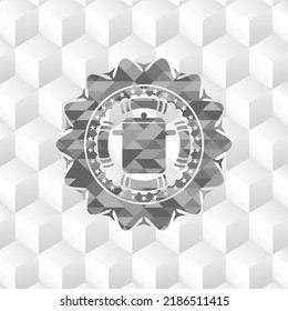 cooking pot icon inside realistic grey emblem with geometric cube white background. 