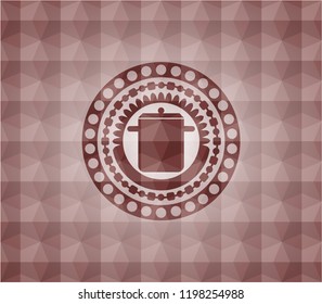 cooking pot icon inside red emblem with geometric pattern. Seamless.