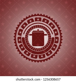 cooking pot icon inside red emblem. Vintage.