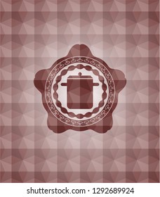 cooking pot icon inside red emblem with geometric background. Seamless.