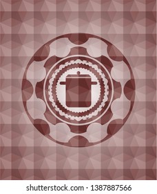 cooking pot icon inside red seamless emblem or badge with geometric pattern background.