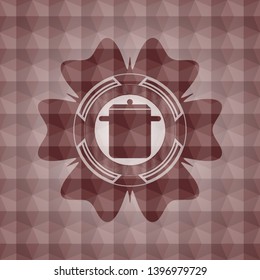 cooking pot icon inside red badge with geometric pattern. Seamless.