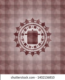 cooking pot icon inside red seamless badge with geometric pattern.