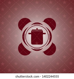 cooking pot icon inside red emblem. Vintage.