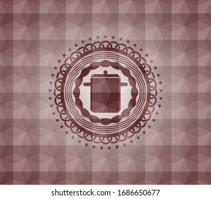 cooking pot icon inside red emblem with geometric pattern background. Seamless.