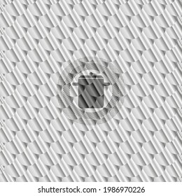 icono de olla de cocina dentro del emblema brillante plateado. Patrón de escalas. Ilustración vectorial. Detallado. 