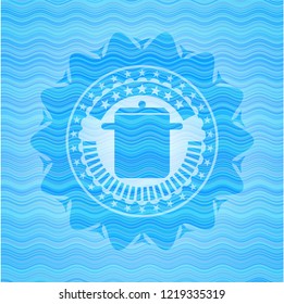 cooking pot icon inside sky blue water badge background.