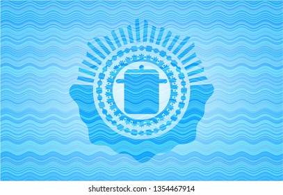 cooking pot icon inside sky blue water emblem.