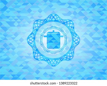 cooking pot icon inside sky blue emblem with triangle mosaic background