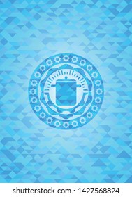 cooking pot icon inside sky blue emblem. Mosaic background