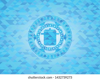 cooking pot icon inside sky blue emblem with mosaic background