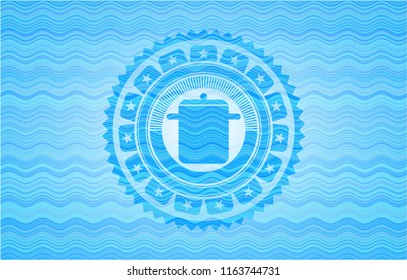 cooking pot icon inside water wave style emblem.