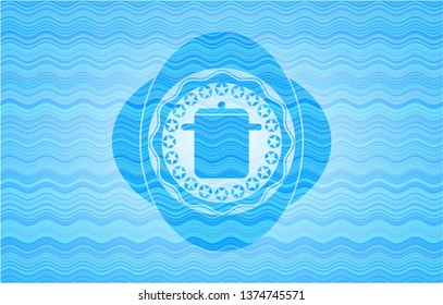 cooking pot icon inside water wave concept style badge.