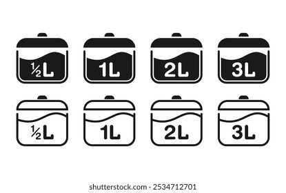 cooking pot icon set. Fluid volume in liters.fluid capacity concept. Vector illustration