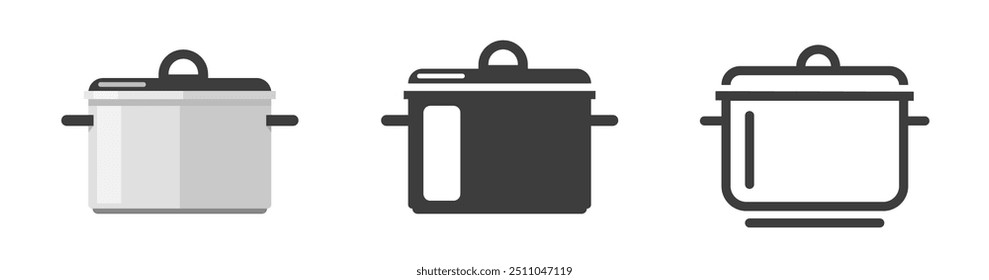 Cooking pot icon vector flat cartoon and line outline stroke simple graphic illustration set, kitchen pot saucepan pictogram sign, kitchenware utensil silhouette shape image clip art  