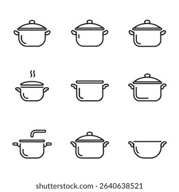 Cooking Pot and Kitchen Cookware Icons Set. Set of Line Art Illustrations of Cooking Pots and Pans
