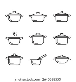 Cooking Pot and Kitchen Cookware Icons Set. Set of Line Art Illustrations of Cooking Pots and Pans
