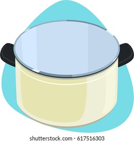 Cooking pot. Large enameled pot with black plastic handles. Isolated. On blue background.