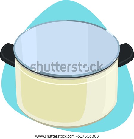 Cooking pot. Large enameled pot with black plastic handles. Isolated. On blue background.