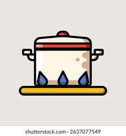  Cooking Pot with Lid and Boiling Water over Stove in Flat Cartoon Kitchen Icon Style
