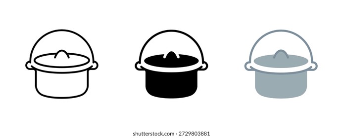 Kochtopf mit Deckelsymbol. Einfaches Küchenherd-Symbol in Umrissen, massiv und flach, einzeln auf weißem Hintergrund. Geeignet für Kochen, Lebensmittelzubereitung und Küchenschnittstellendesign.