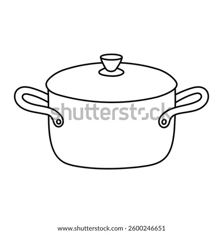 Cooking pot with lid vector illustration. Kitchen cookware saucepan drawing in doodle style. Black line art isolated on white background.