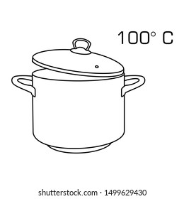 Cooking pot line, outline icon 100 degree celsius. Boiling hot water