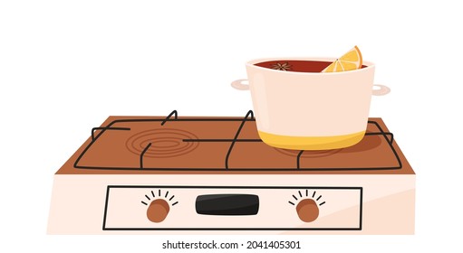 Cooking pot with mulled wine on an electric stove isolated on white. Household appliances for kitchen, vector illustration.