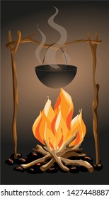 cooking pot on the fire, cook the soup on an open fire