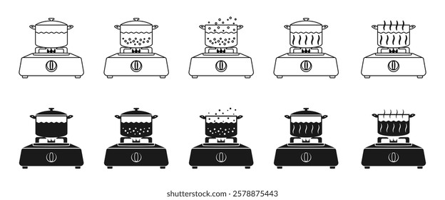 cooking pot on gas burner icon set vector illustration isolated on white background.