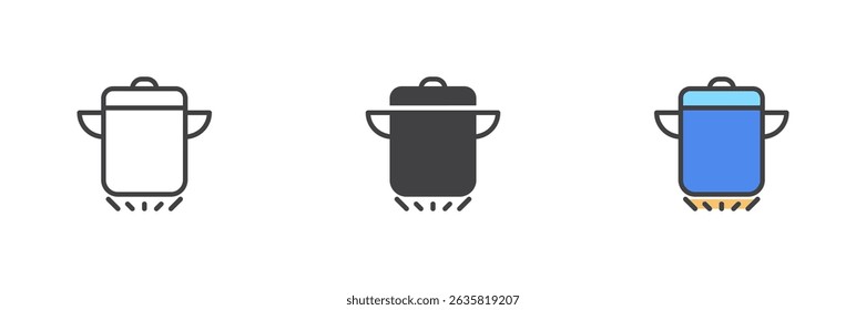 Cooking pot on gas stove different style icon set. Line, glyph and filled outline colorful version, outline and filled vector sign. Meal preparation Symbol, logo illustration. Vector graphics