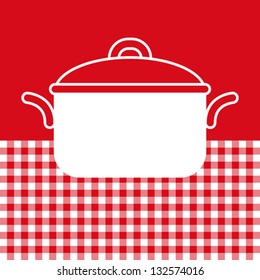 Cooking pot on red and white tablecloth background
