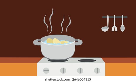 Cooking pot on the stove. Vector illustration in flat style.