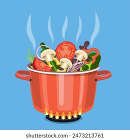 Cooking pot on stove with vegetables, mushrooms and steam. Boiling water in pan. Saucepan with tomatoes, peppers, onions, parsley. Vector illustration in flat style