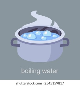 Cooking pot on stove with water and steam. Boiling water in a pan. Close the handrails. Vector illustration in flat style isolated blue background