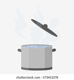 Cooking pot open. Hot food kitchen. Boiling water. Flat vector stock illustration