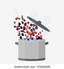 Cooking pot open. Hot food kitchen. Healthy eating. Flat vector stock illustration