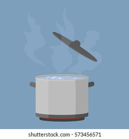 Cooking pot open. Hot food kitchen. Boiling water. Flat vector stock illustration