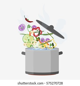 Cooking pot open. Hot food kitchen. Healthy eating. Flat vector stock illustration
